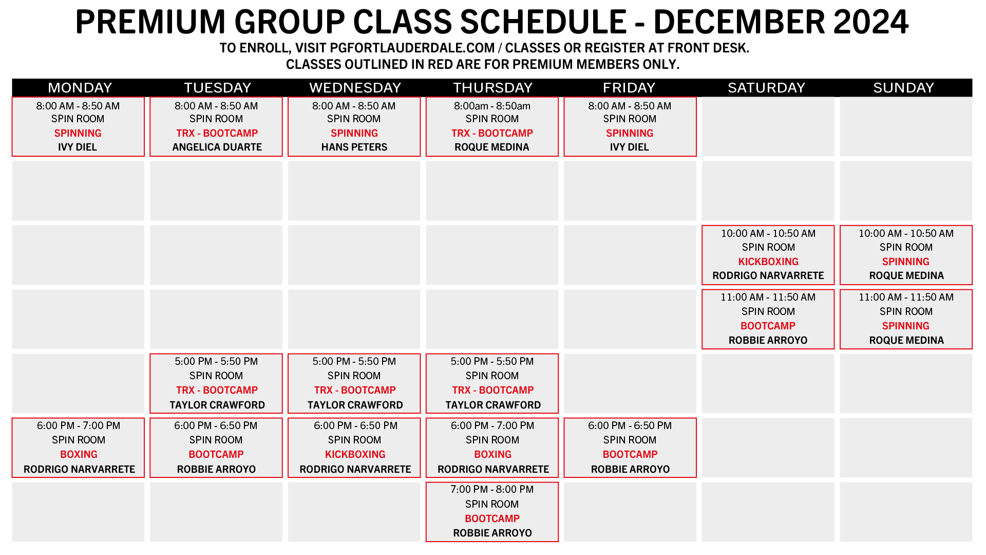 Premium Group Class Schedule